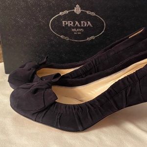 Prada suede heels with bows on the toes